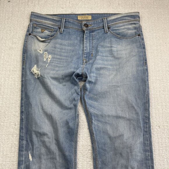 Y2K Guess Jeans Men's 36x32 Lincoln Slim Straight Light Blue Distressed Denim - Picture 2 of 13